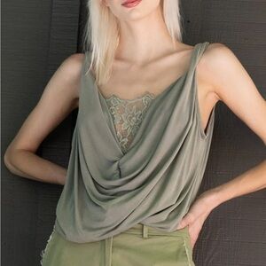 POL Sage Green Lace Drape Blouse